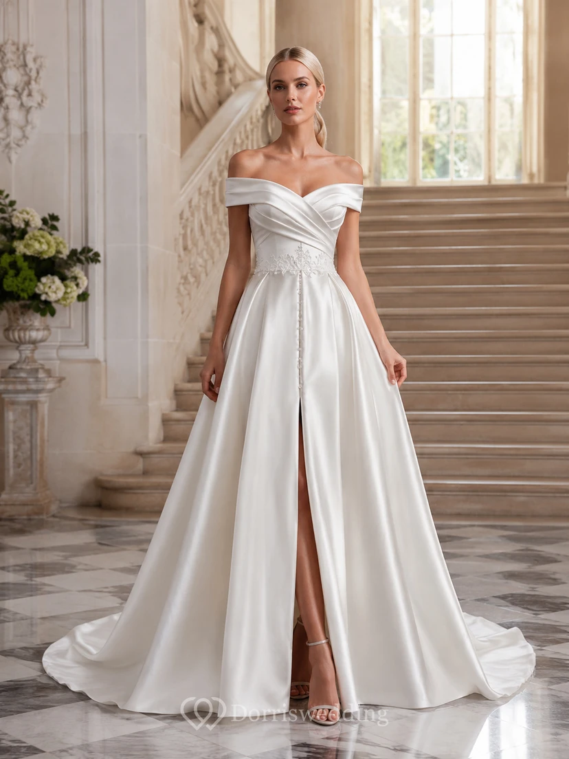 Robe de mariée élégante en satin, épaules dénudées, coupe trapèze, fente sur le devant et taille naturelle