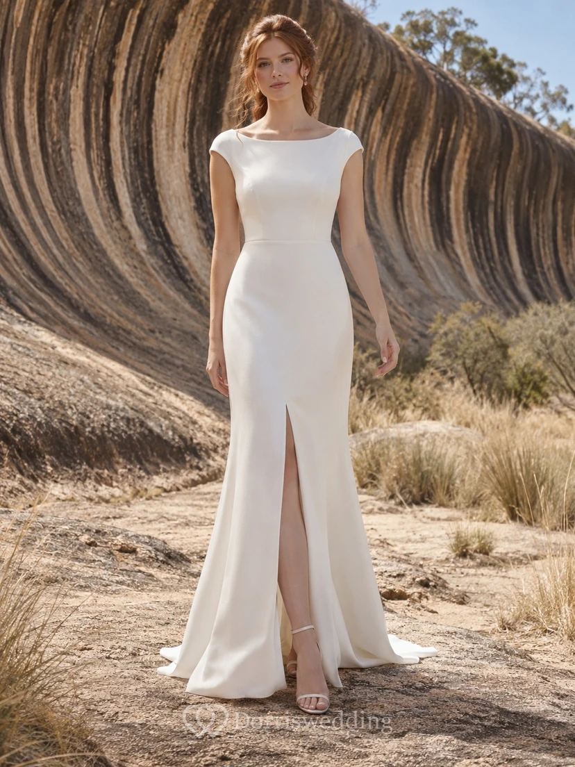 Schlichtes, ärmelloses Brautkleid mit U-Boot-Ausschnitt, Schlitz und Schleppe