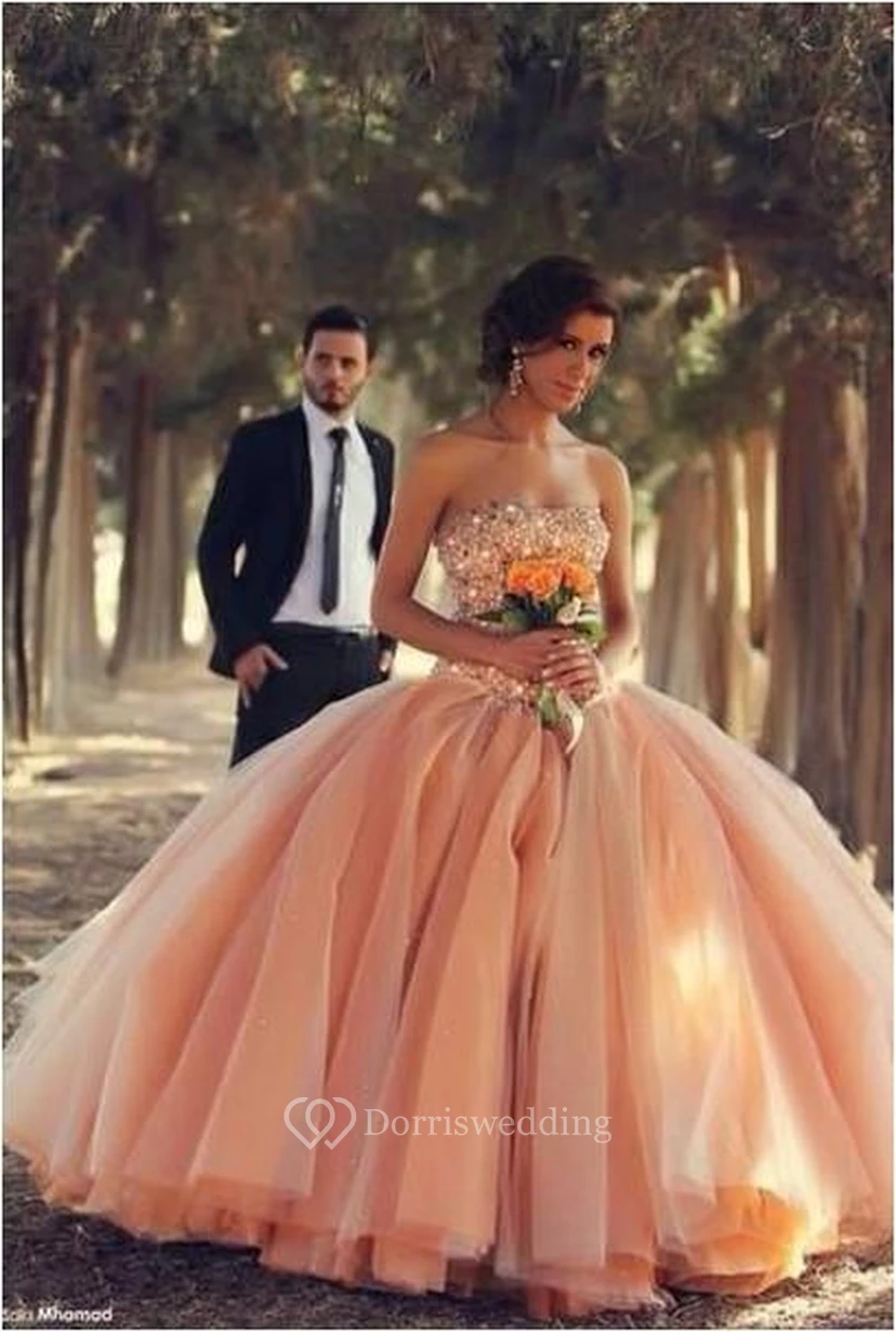 Sexy, pinkfarbenes Tüll-Ballkleid, Brautkleid mit Herzausschnitt, plissiertes Brautkleid mit Strasssteinen
