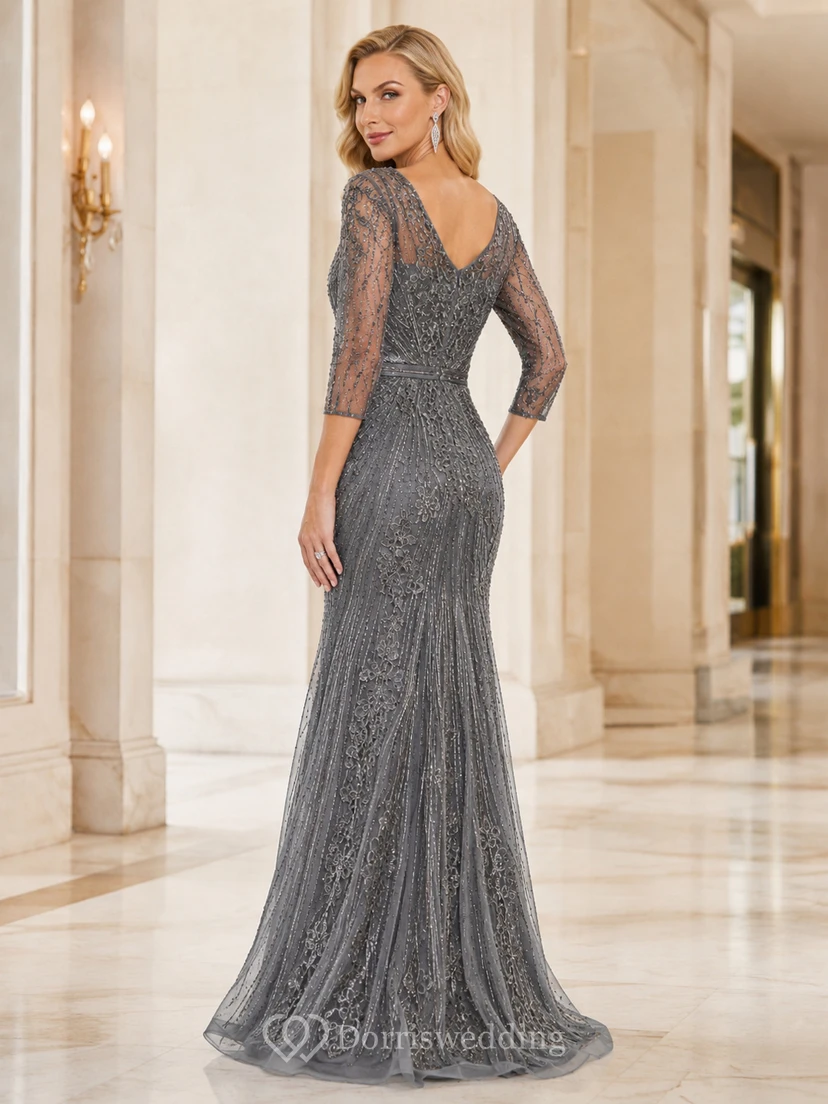 Steel Grey V Neck Lace Sleeve Mermaid Mother Dress view 2