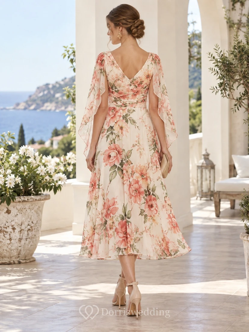 Vestido de invitada de corte A con estampado floral rosa rubor, escote en V, mangas tipo capa y largo hasta la rodilla. view 2