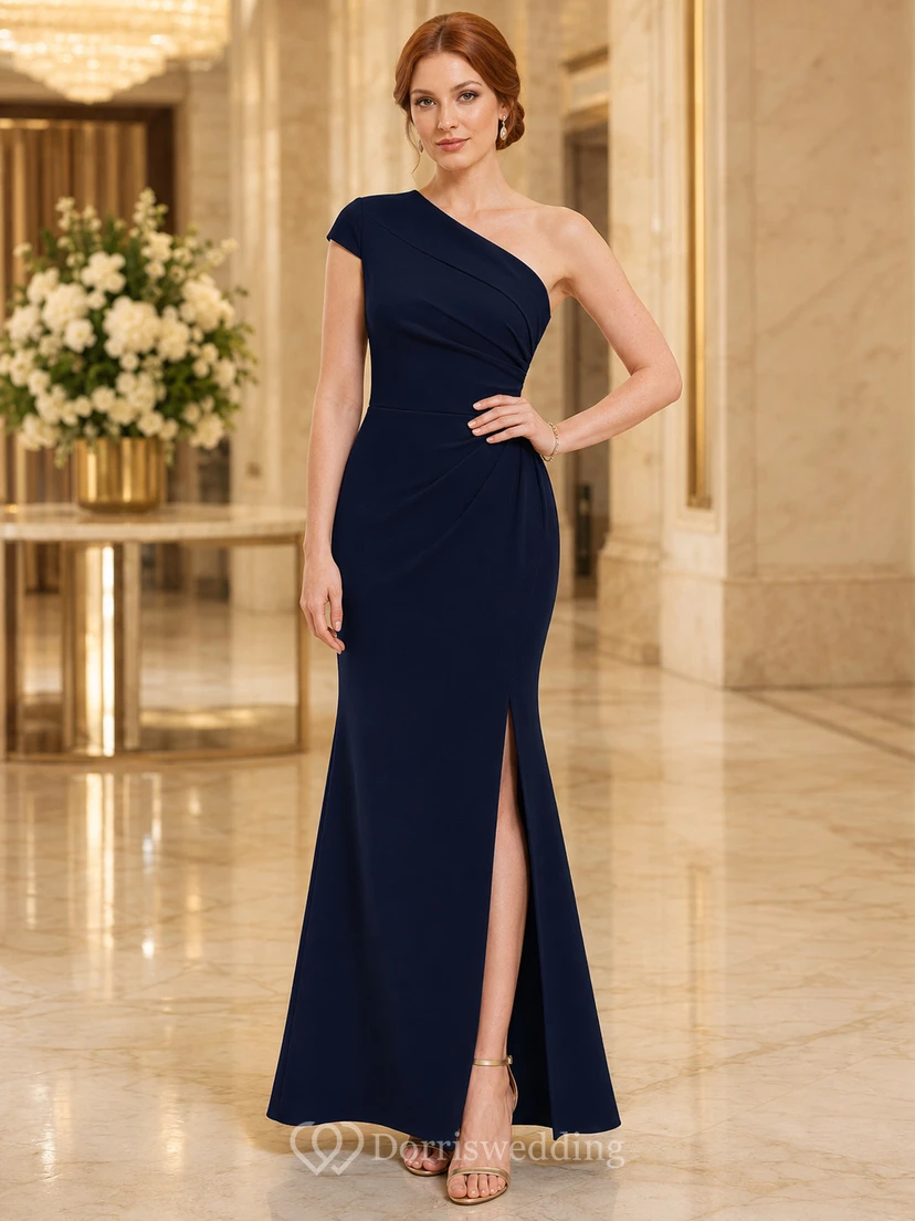 Dark Navy Asymmetrical Mermaid Slit Dress