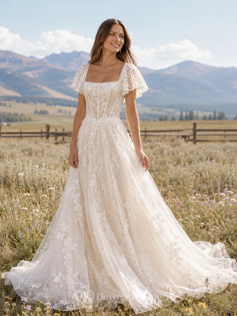 Country Lace Wedding Dress A-Line Sweetheart Flutter Sleeve Sweep Train Low V Back Bridal Gown