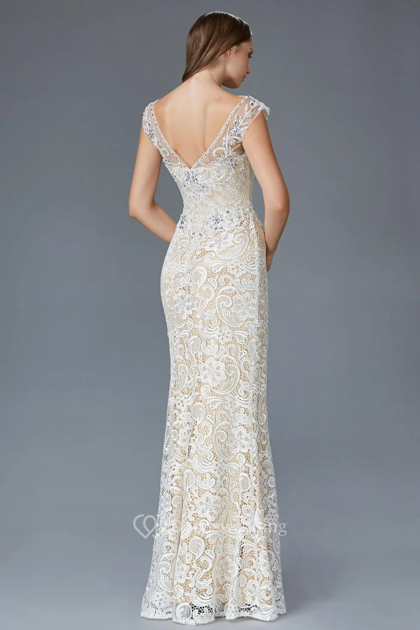 Sheath Floor-Length V-Neck Cap-Sleeve Lace Low-V Back Dress With Beading view 2