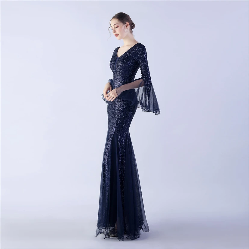 Vestido de noche con lentejuelas, bordado de malla encriptada, estilo artesanal de seda de pez y borde ondulado. view 12