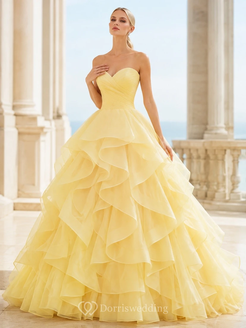 Yellow Tulle Strapless Sweetheart Tiered Ruffle Ball Gown