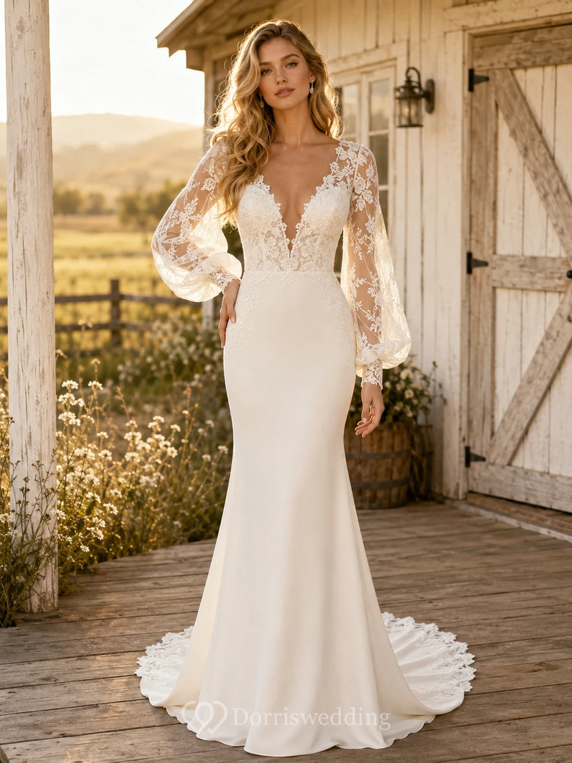 Vestido de novia de crepé con encaje estilo sirena, escote en V, manga larga y cola de capilla.