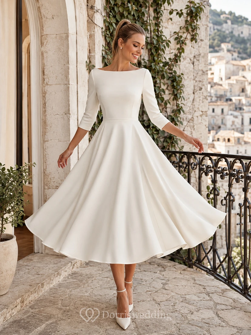 Bateau Neck Tea Length Satin European Balcony Dress
