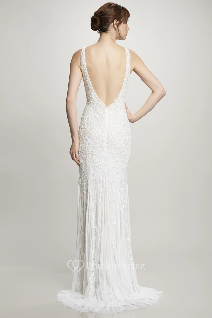 Floor-Length Scoop Lace Wedding Dress With Brush Train And V Back view 2
