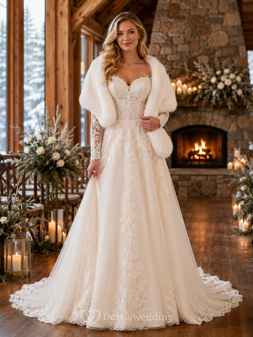 Winterliches Brautkleid in A-Linie mit Pelzschal, Spitze und Schleppe