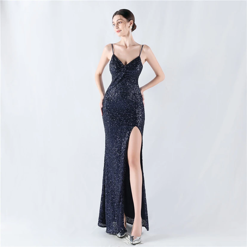 Robe de soirée sexy à sequins et fente haute, avec bretelles et encoche cryptée view 11