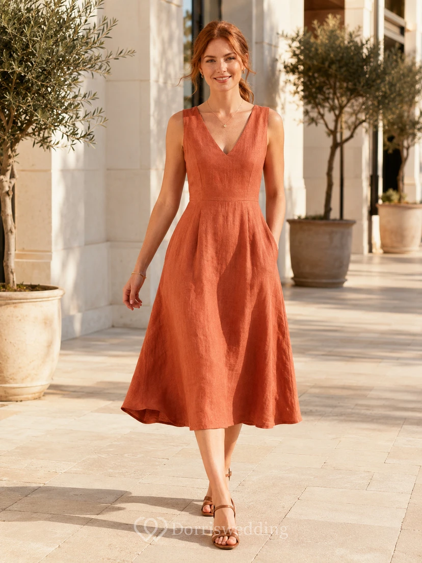 Terracotta Linen Sleeveless V Neck A Line Weekend Dress