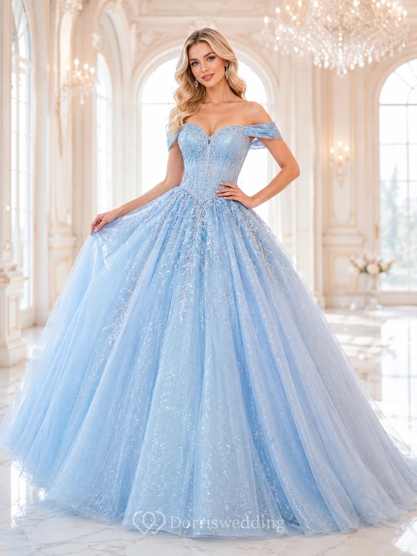 Sky Blue Fairytale Off Shoulder Sweetheart Glitter Tulle Quinceanera Princess Ball Gown