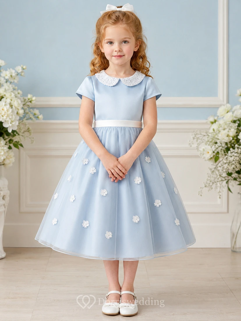 A-Line 1950s Tea-Length Flower Girl Dress with Cap Sleeves, Floral Print, Tea-Length Skirt, Natural Waist, 1950s Ceremony Style