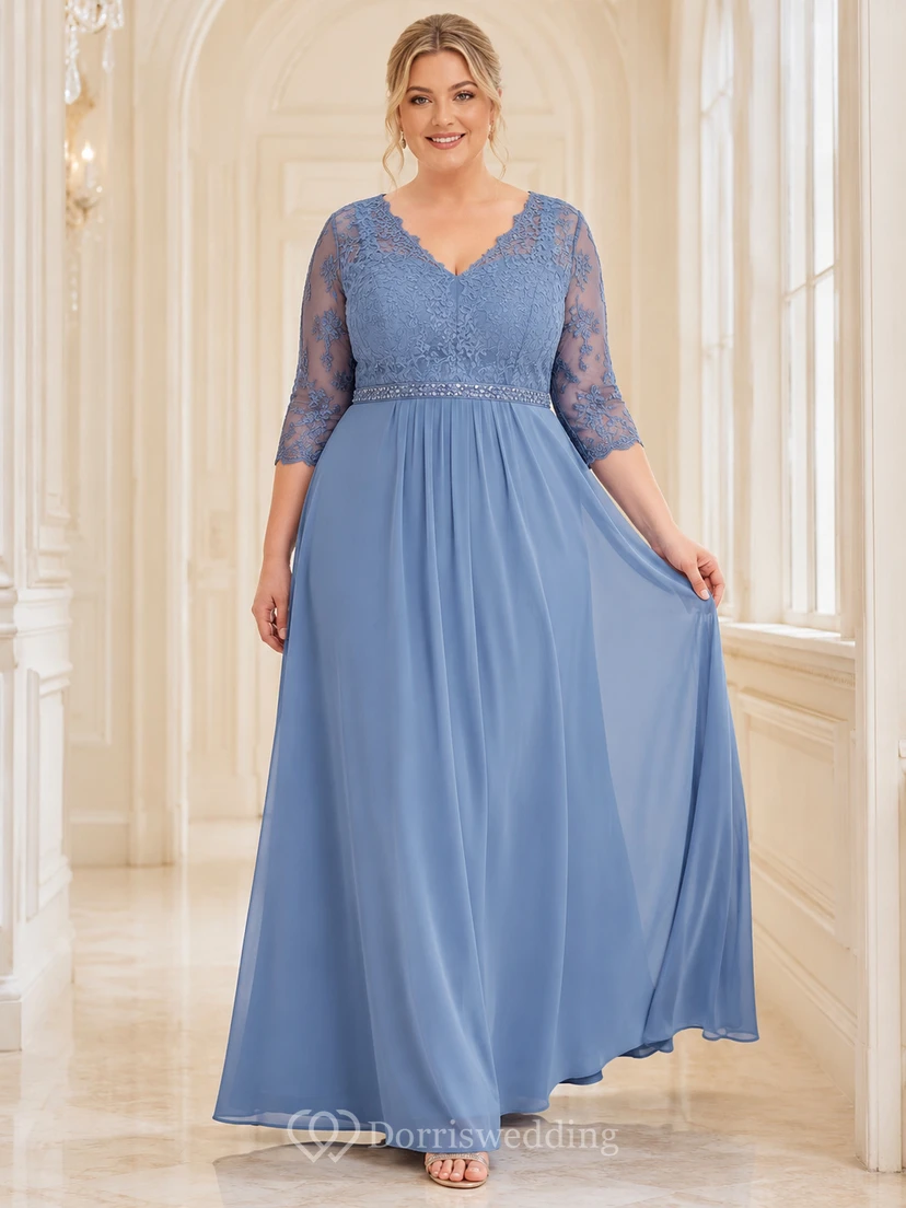 Robe de mariée longue en mousseline bleu acier grande taille, col V, manches trois-quarts en dentelle, col en V, longueur 3/4, longueur 3/4, col en V, manches trois-quarts, longueur 3/4 ...