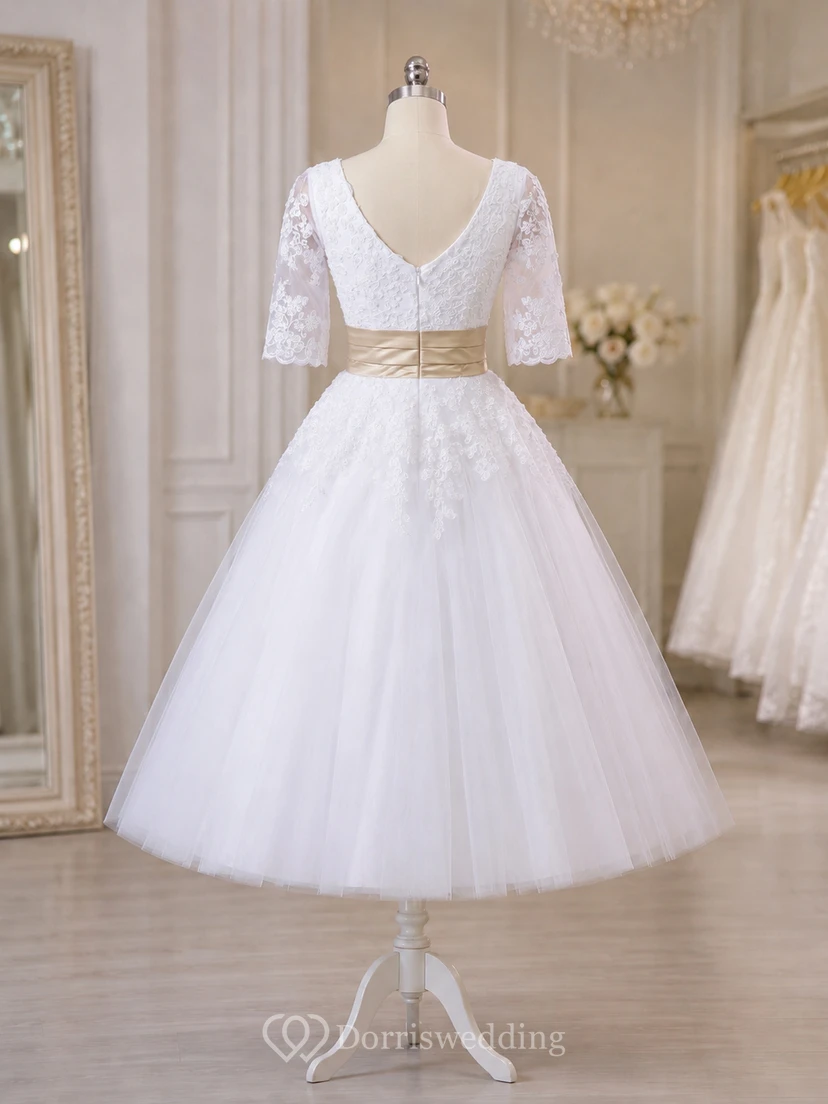 Robe mi-longue à manches courtes et col en V avec superposition de tulle view 8