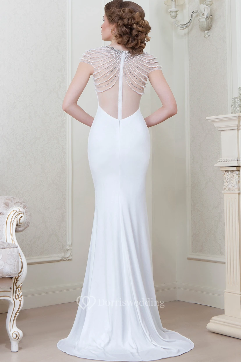 Sheath Floor-Length Scoop-Neck Cap-Sleeve Beaded Jersey Evening Dress view 2