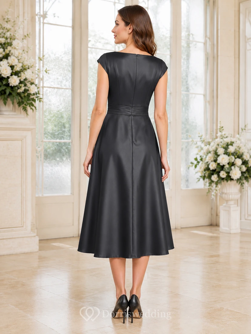 Charcoal Cap Sleeve Satin A Line Memorial Luncheon Dress view 2
