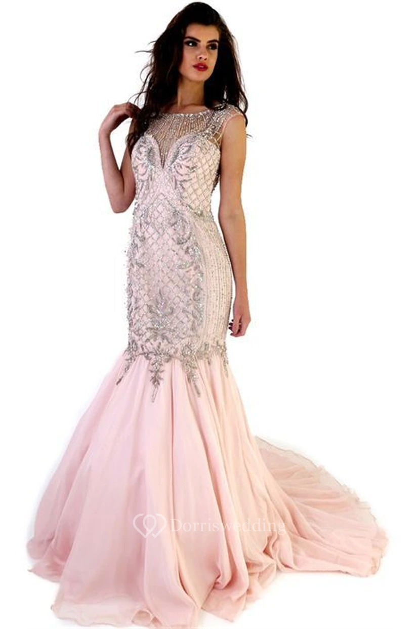 Mermaid Maxi Beaded Cap-Sleeve Jewel-Neck Chiffon Prom Dress