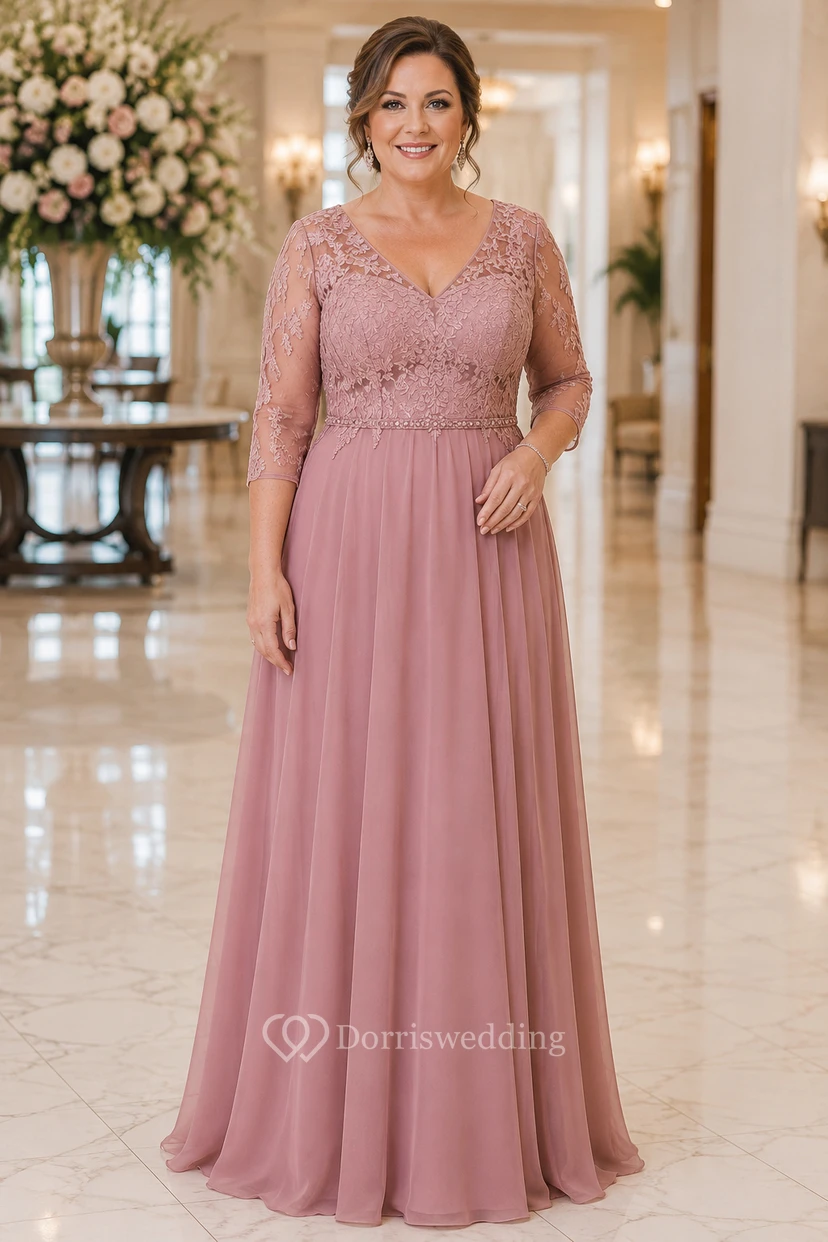 Mutterkleid in Übergröße, altrosa, mit Spitzenoberteil und Chiffon