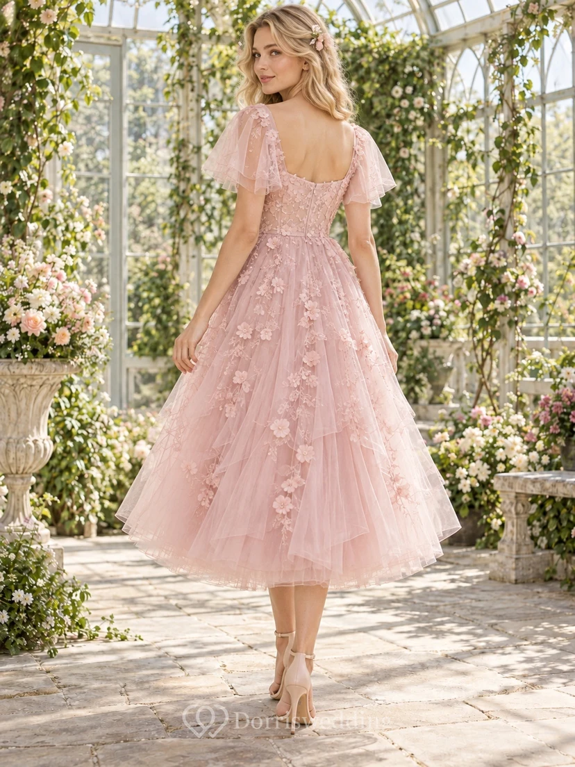 Fairy Tea-length Blush Sweetheart Flutter Sleeve Floral Layered Tulle Dress view 2