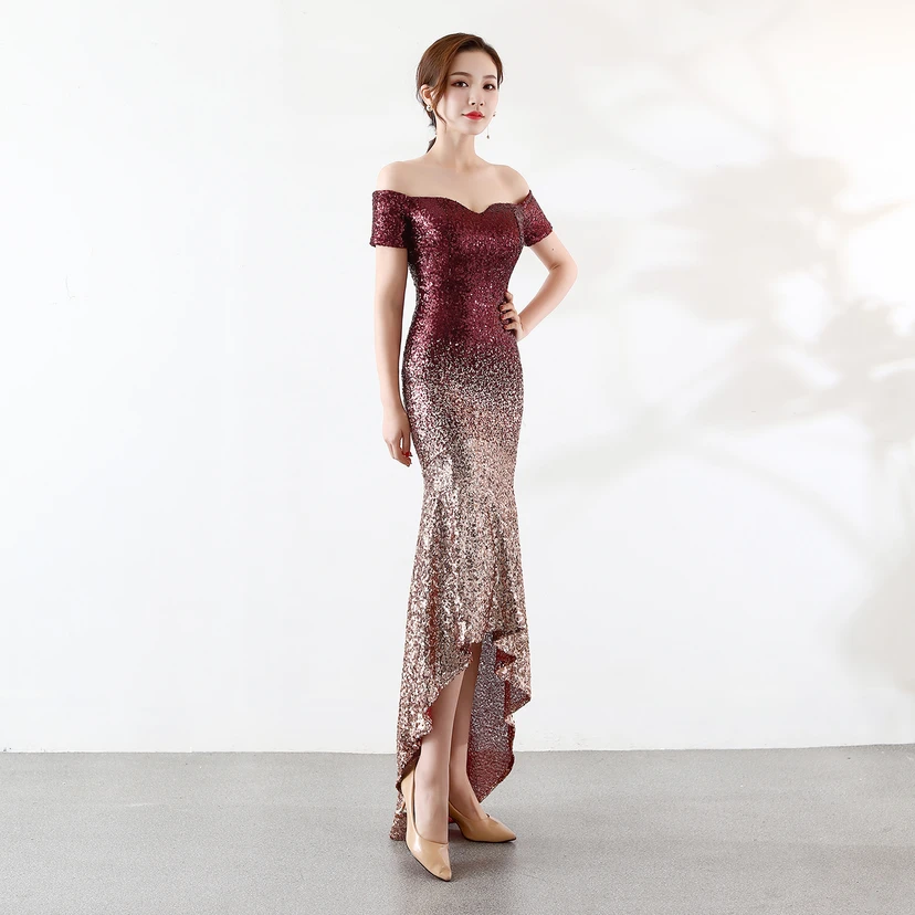 Robe asymétrique à manches courtes, style européen et américain, sequins dégradés, robe de soirée de mariage ou de banquet. view 8