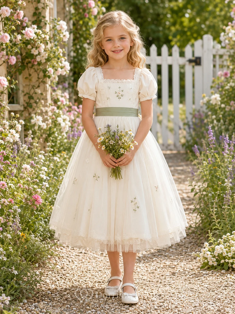 A-Line Flowergirl Floral Print Tulle Tea-Length Puff Sleeve Cottagecore Wedding Dress