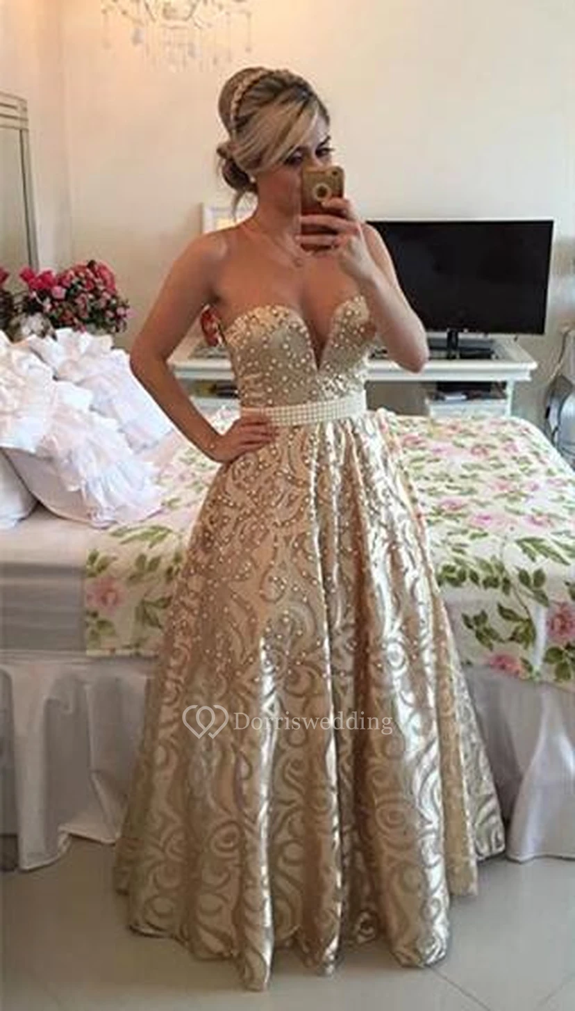 Modern V-neck Sleeveless Pearls Prom Dress Open Back Floor-length