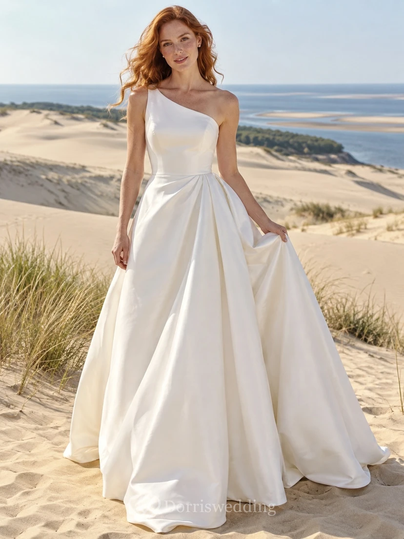 Vestido de novia sencillo de satén sin mangas con un solo hombro
