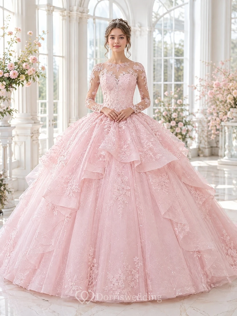 Vestido de quinceañera largo hasta el suelo, de encaje rosa rubor, tul, cuello joya y manga larga.