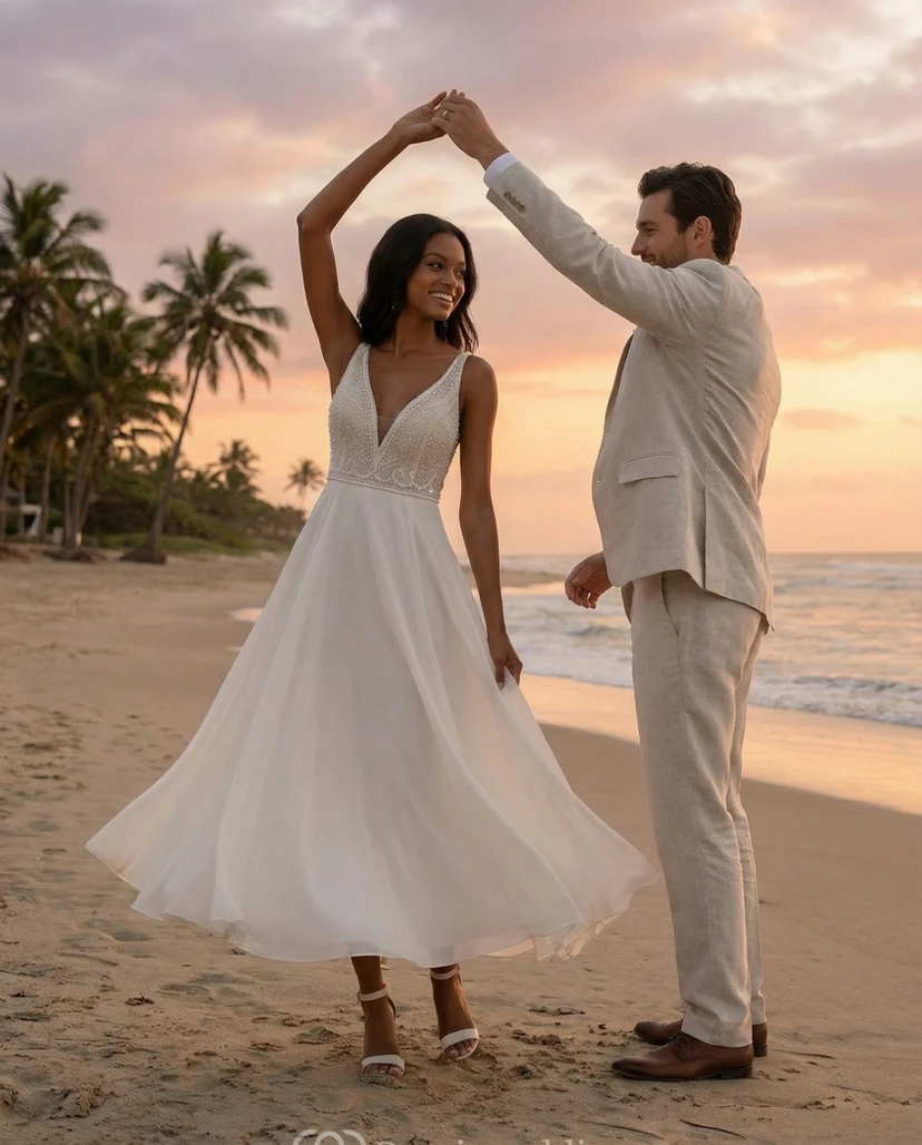 Robe de mariée mi-longue à corsage perlé, col en V, en mousseline, coupe trapèze, idéale pour la plage view 3
