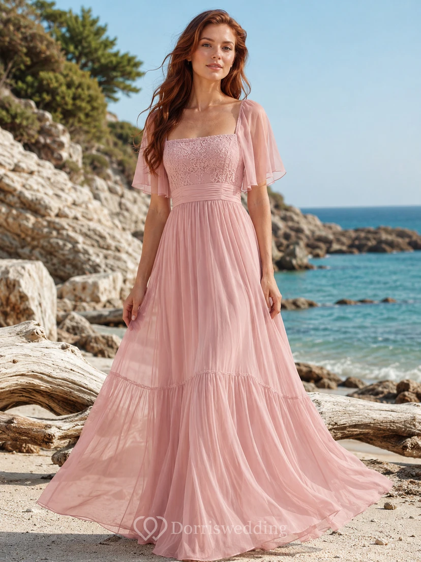 Blush Flutter Sleeve Tiered Chiffon Beach Bridal Gown