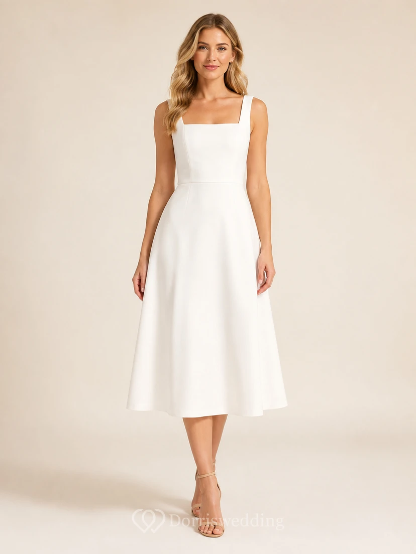 Robe de mariée civile simple en satin plissé à bretelles carrées et dos nu, coupe thé, ornée de plis et d'un drap-hauteur, pour un mariage civil.
