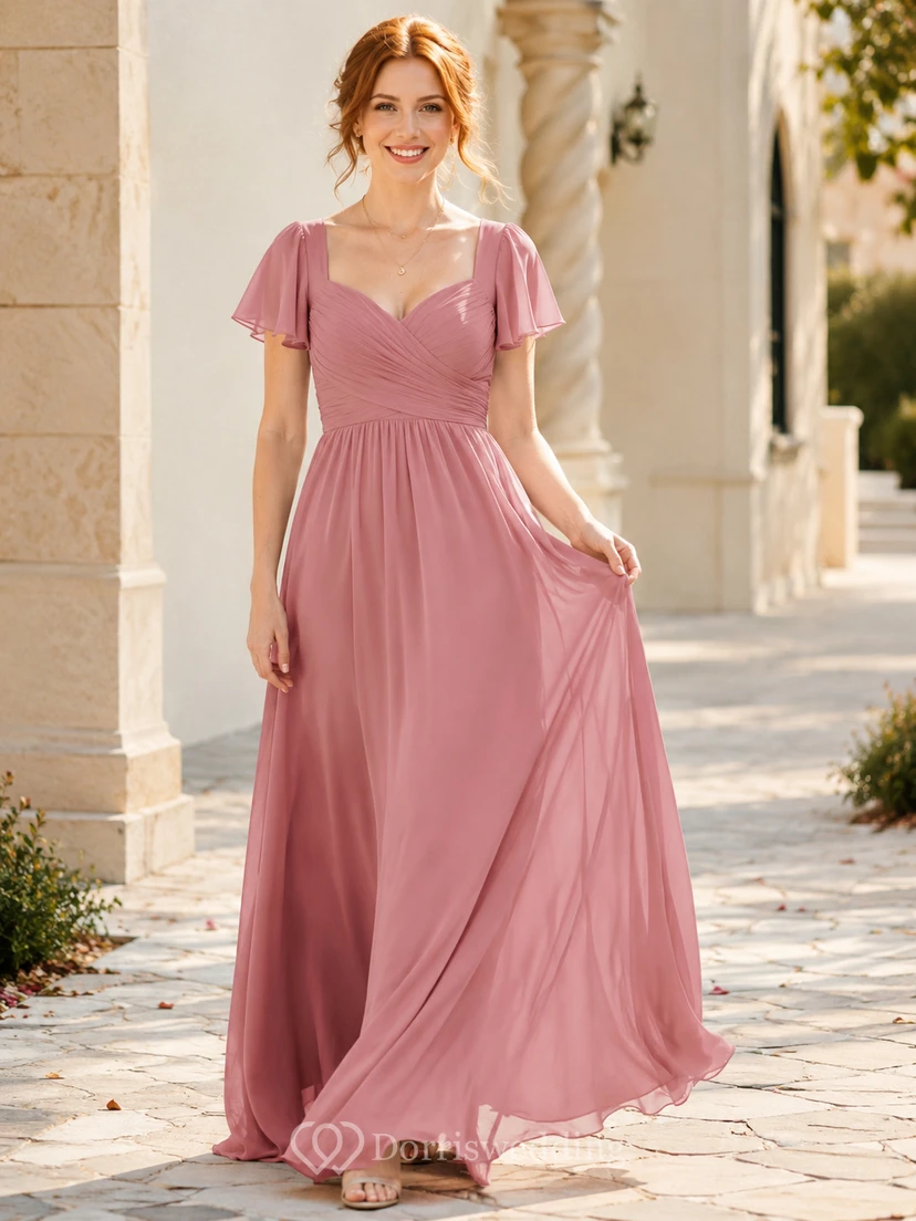 Rose flutter sleeve V neck chiffon A-line gown