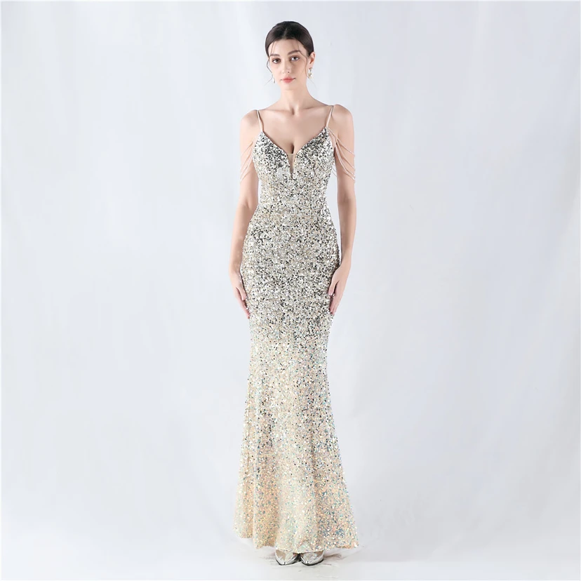 Velvet-Bottom Gradient Sequined Sexy Beaded Suspender Evening Dress view 60