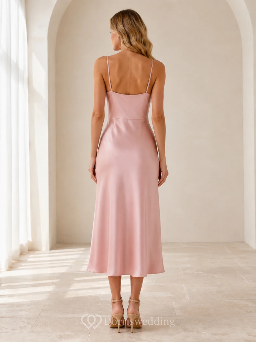 Brautjungfernkleid aus rosafarbenem Satin mit Wasserfallausschnitt, Spaghettiträgern und Teelänge view 2