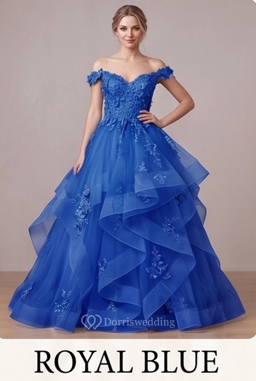 Robe de bal brodée bleu clair à épaules dénudées view 17