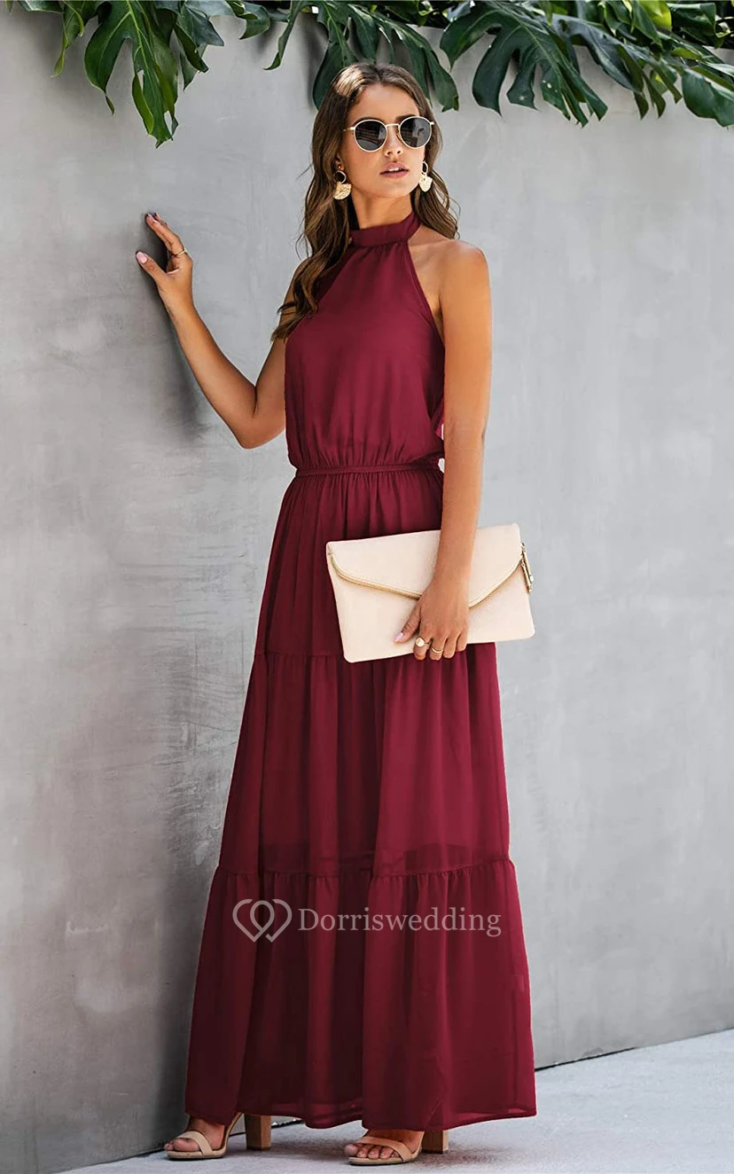Simple Chiffon Halter A Line Sleeveless Prom Formal Dress With Ruffles view 2
