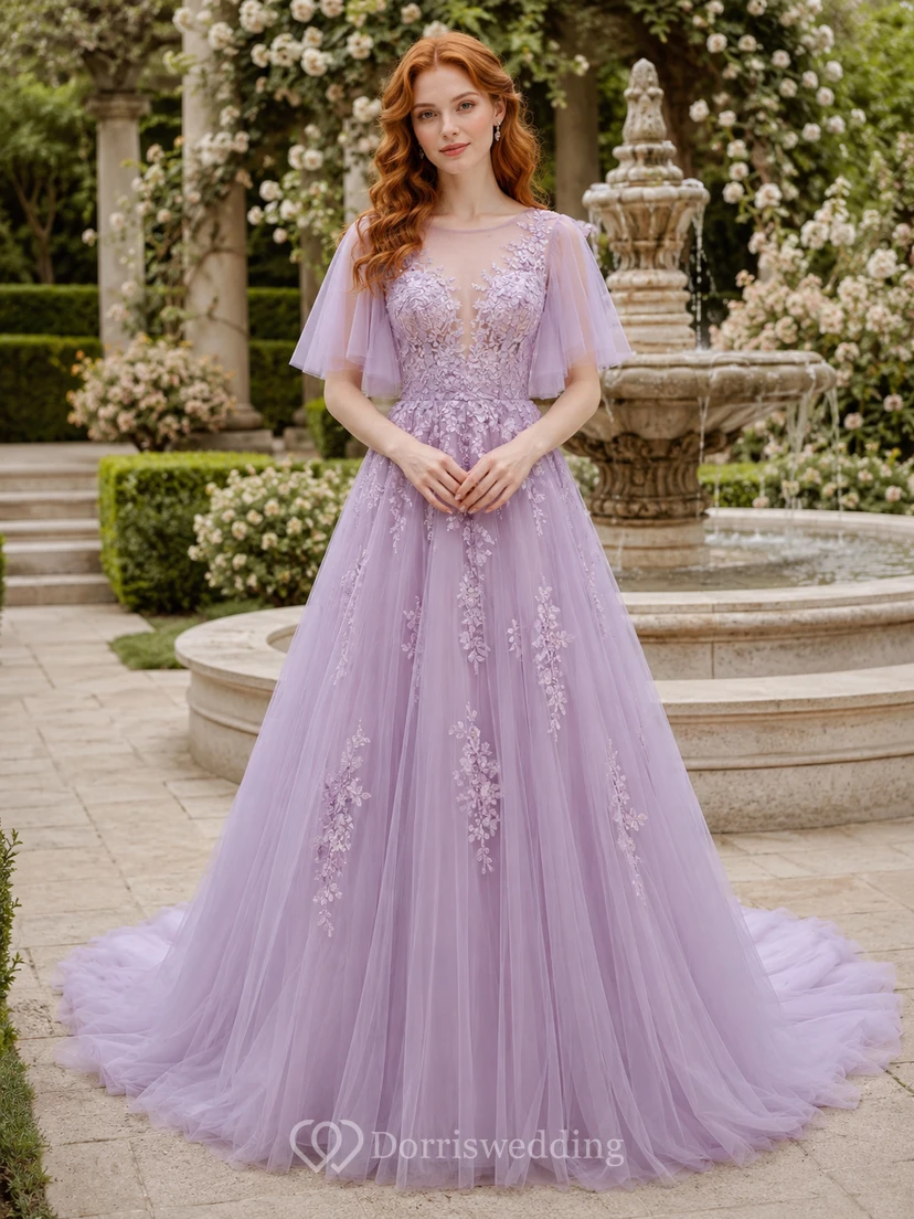 Lavendelfarbenes A-Linien-Brautkleid aus Tüll mit V-Ausschnitt, flatternden Ärmeln