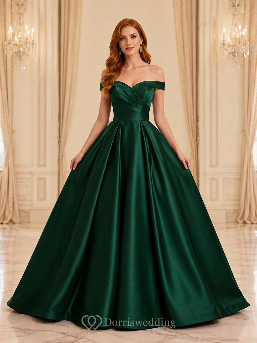 Dark Green Satin Off Shoulder Short Sleeve Ball Gown Floor Length Formal Dress