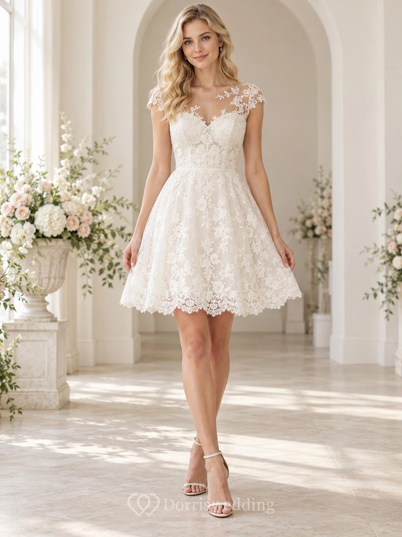 Short Cap Sleeve Illusion Neck Scalloped Lace A-line Wedding Dress