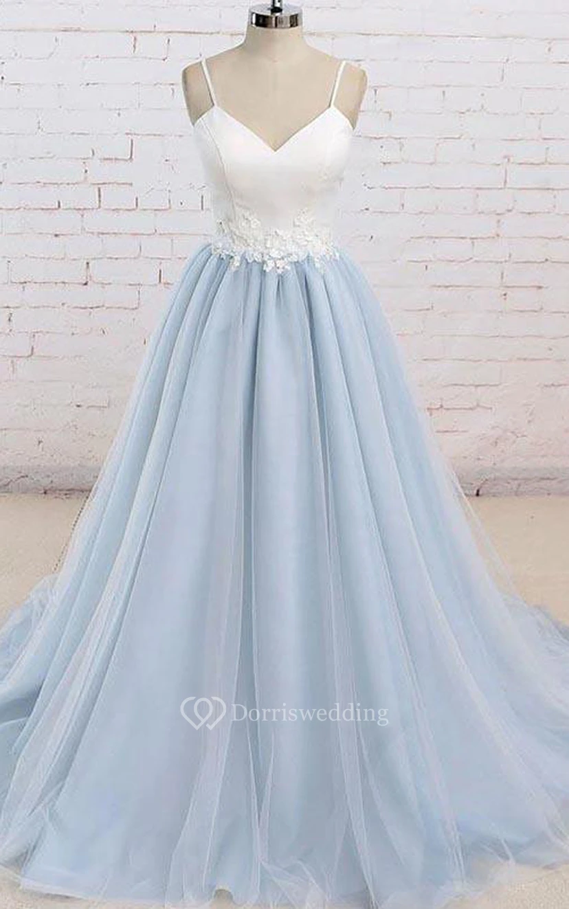 Satin Tulle Floor-length Brush Train A Line Sleeveless Casual Prom Dress with Appliques