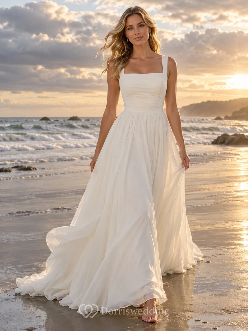 Schlichtes Strandhochzeitskleid mit eckigem Ausschnitt, gerafftem Oberteil und A-Linien-Schleppe aus Georgette.