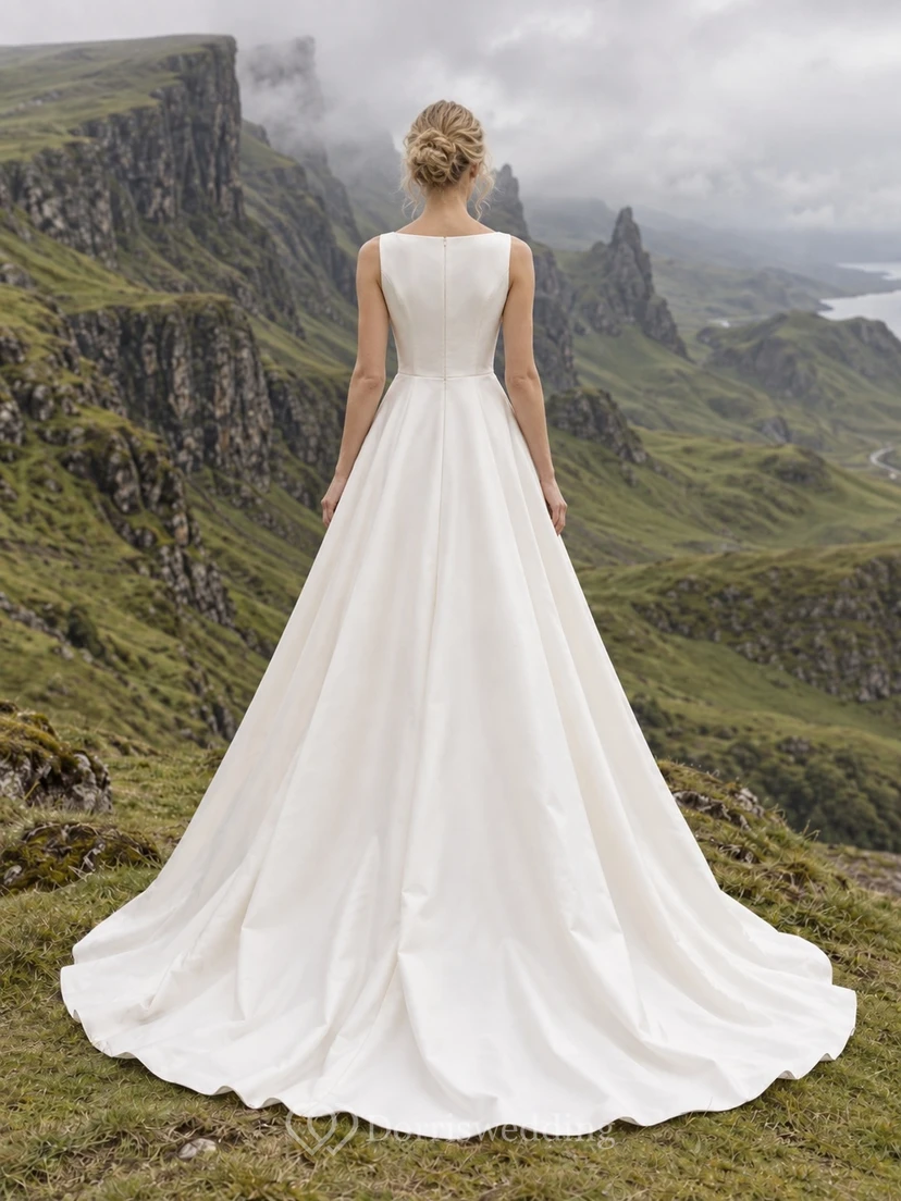 Vestido de novia sencillo y discreto de tafetán, corte en A, con escote barco y falda acampanada lisa. view 2