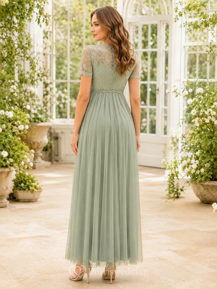 celadon V Neck Lace Cap Sleeve Tulle Empire Ankle Maternity Guest Dress view 2