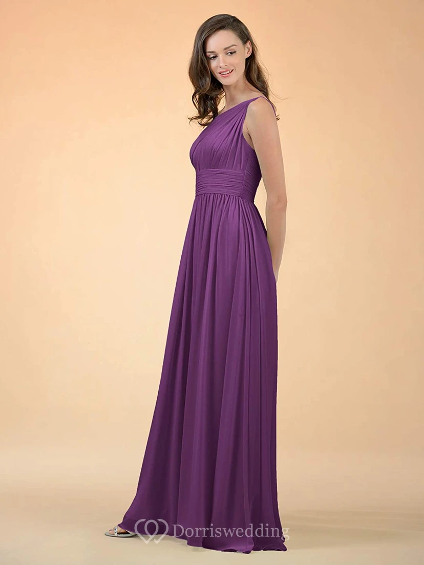 Simple One-shoulder A Line Sleeveless Floor-length Chiffon Bridesmaid Dress With Ruching view 13