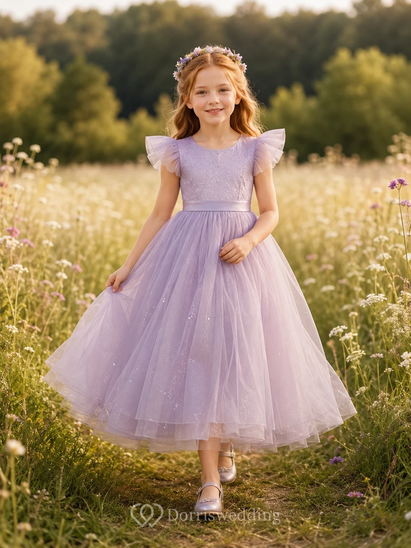 Blumenmädchenkleid aus lila Tüll, A-Linie, mit flatternden Ärmeln, Rundhalsausschnitt, wadenlang
