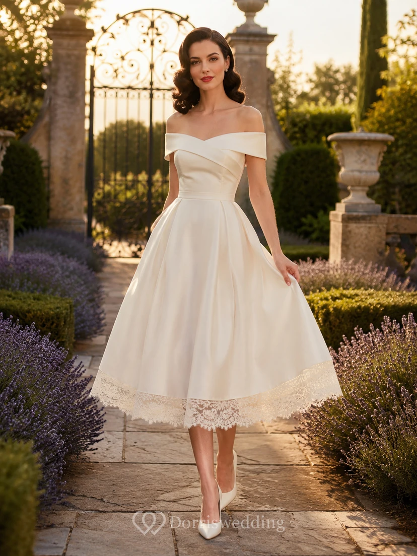 Robe de mariée vintage en satin, épaules dénudées, longueur thé, style champêtre, classique