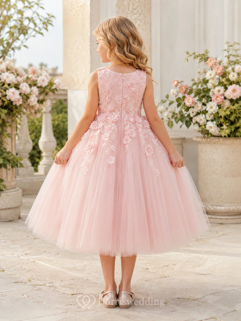 Flower Girl Dress Blush Lace Tulle A-Line Short Sleeve Jewel Neck Tea Length view 2