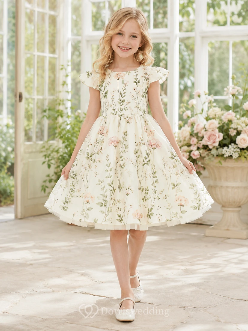 Botanical Print Flower Girl Dress with Flutter Sleeves, Tulle A-Line Silhouette, Natural Waist, and Tea-Length Skirt